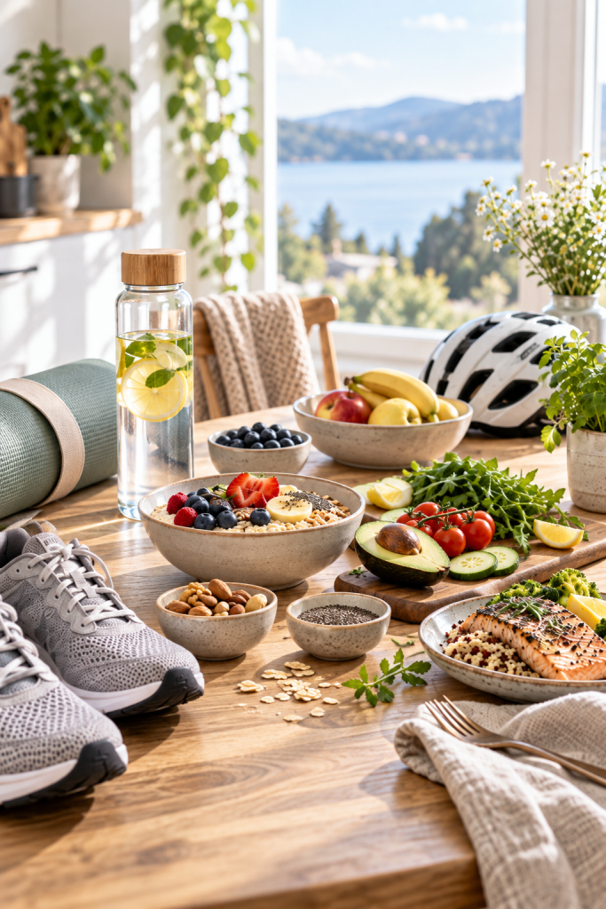Ein Tisch auf dem Schüsseln mit frischem Obst und Gemüse stehen. Außerdem ein Glas Zitronenwasser, ein Paar Turnschuhe und ein Fahrradhelm.